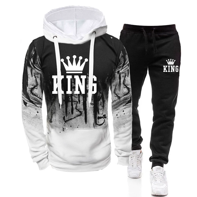 2025 Trend Menswear King Printing Casual Hooded Sweatshirts+Pants Set Jogging Clothing Splash-ink Suit Hot Sales Mens Tracksuit - Image 2
