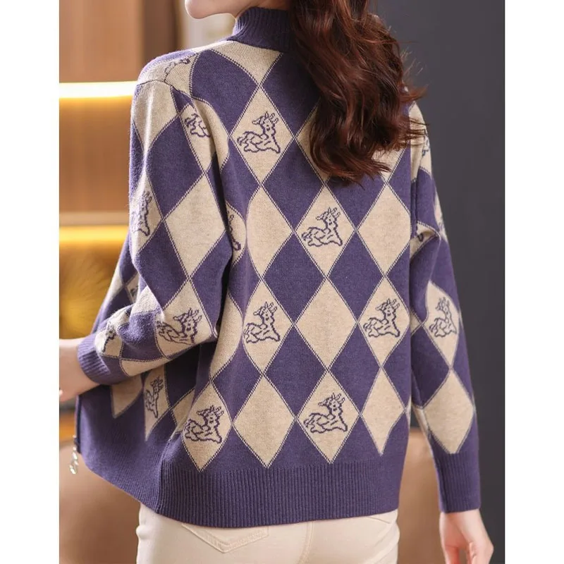 Women's Korean Vintage Plaid Sweaters Cardigan Autumn Winter Casual All-match Stand Collar Zipper Knitted Tops Female Clothing - Image 2