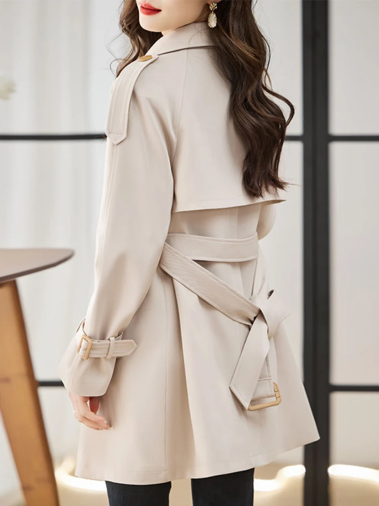 Solid Mid length Trench for Women Fall Winter 2023 New Vintage Turn Down Collar Long Sleeve Jacket Loose Double Breasted Coat - Image 6