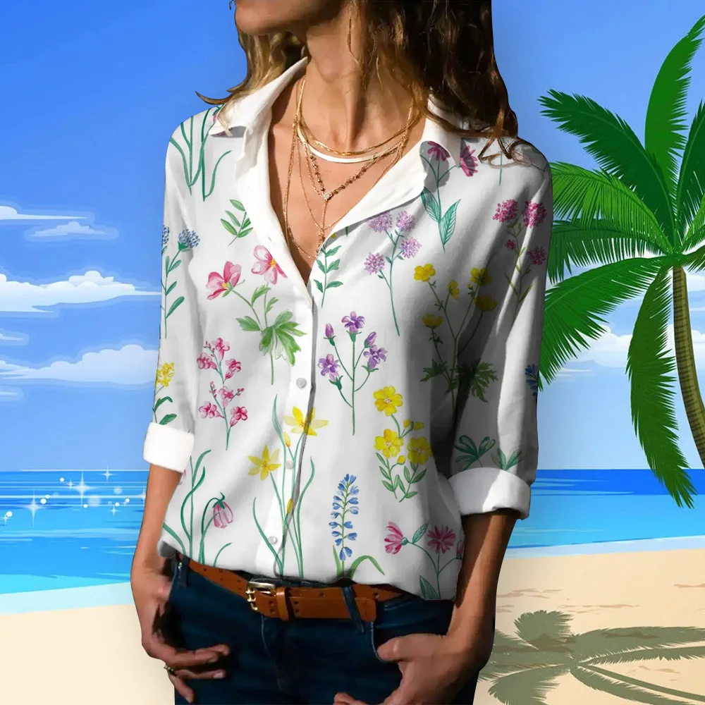 2024 Summer Autumn Floral Shirts Button Long Sleeve Shirts Fashion Basic Shirt Female Clothing Elegant and Youth Woman Blouses - Image 5