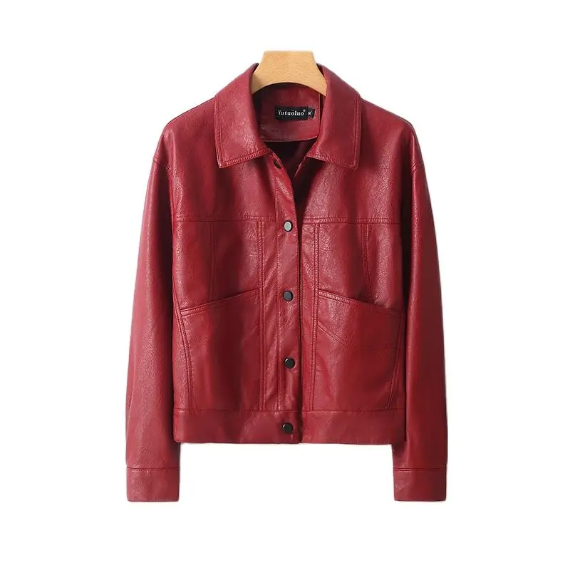 2023 New Female Motorcycle Leather Jacket Spring and Autumn Women's Leather Lapel Button Slim Korean Version of Women's Coat - Image 3