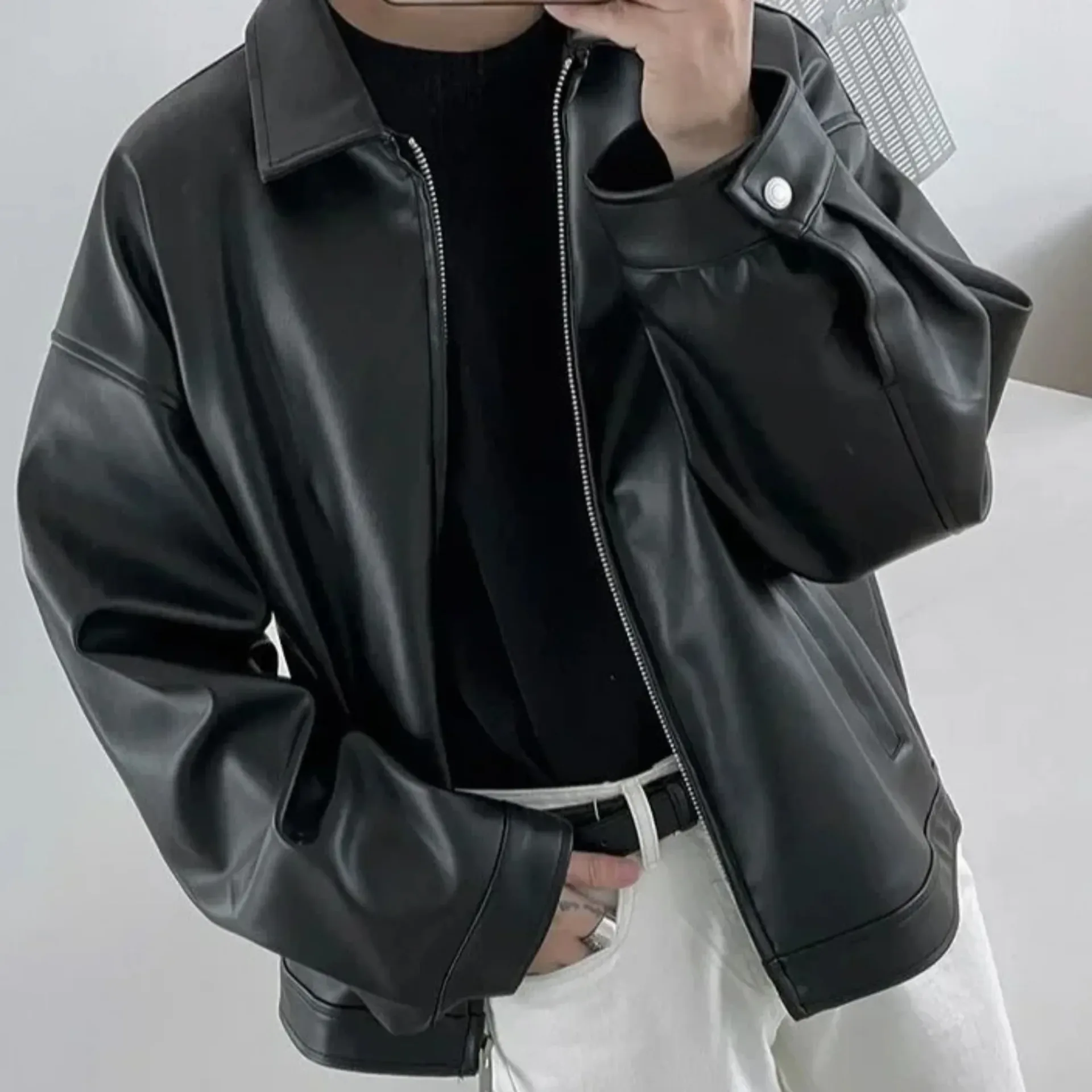 New Trendy Men's Leather Jacket Korean Style Pu Leather Spring Casual Motorcycle Jacket Trendy Baseball Uniform 2024 - Image 5
