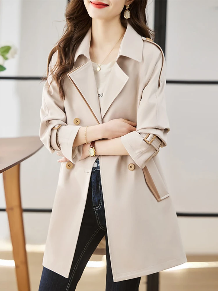 Solid Mid length Trench for Women Fall Winter 2023 New Vintage Turn Down Collar Long Sleeve Jacket Loose Double Breasted Coat - Image 3