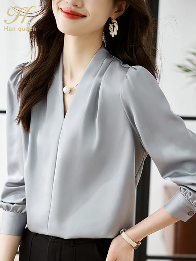 H Han Queen Korean Basic Shirts Woman Vintage Clothing Chiffon Long Sleeve Top Casual Female Work Wear Office Shirts And Blouses - Image 3