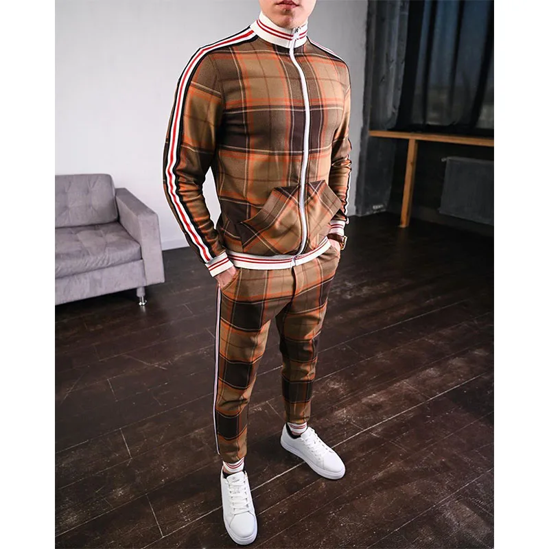 Mens Tracksuits Colorful Plaid Casual Zipper Hoodie Set 3D Print Set New Autumn Male Sweatshirt Clothes For Men - Image 3