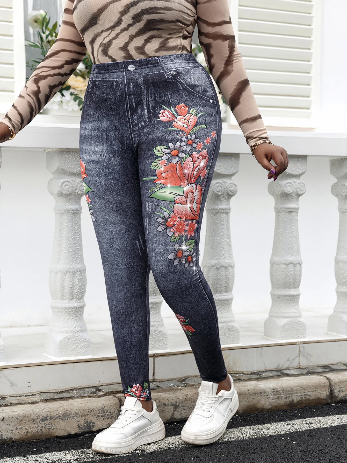 Plus Size Women Leggings Imitation Denim Floral Print Rhinestone Fashion Casual Sports Pants Female Skinny Pant Gym Clothing - Image 3