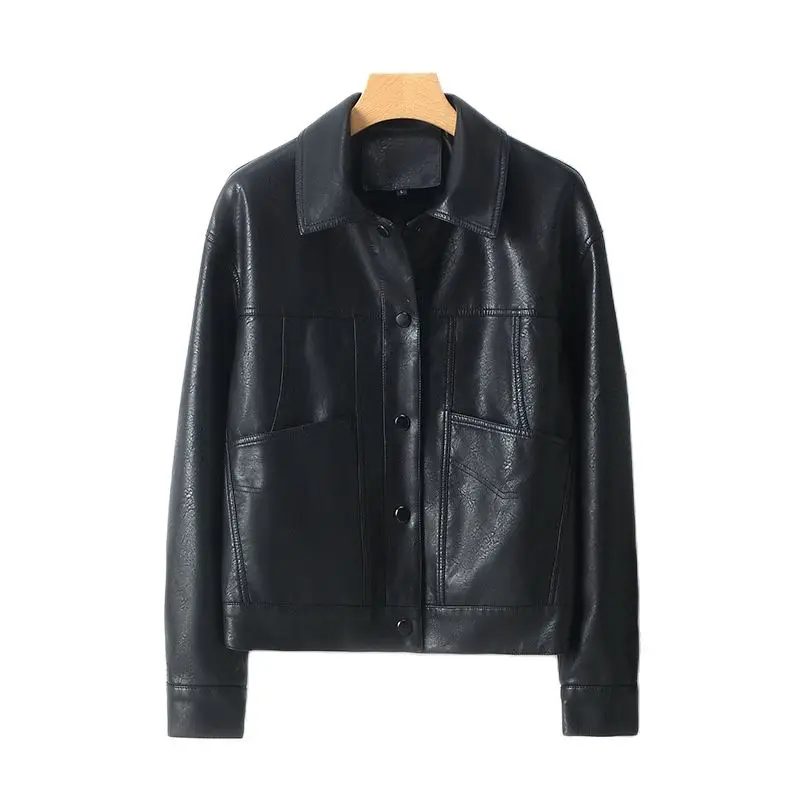 2023 New Female Motorcycle Leather Jacket Spring and Autumn Women's Leather Lapel Button Slim Korean Version of Women's Coat - Image 2