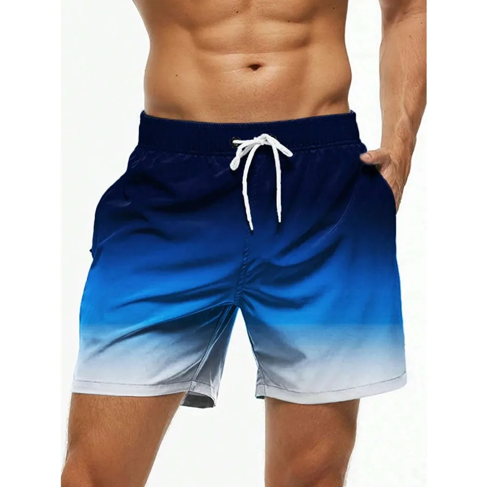Men's Beach Shorts Gradient Color Block Drawstring Summer Men's swim Trunks Elastic Waist 3D Print Breathable Short Streetwear - Image 3
