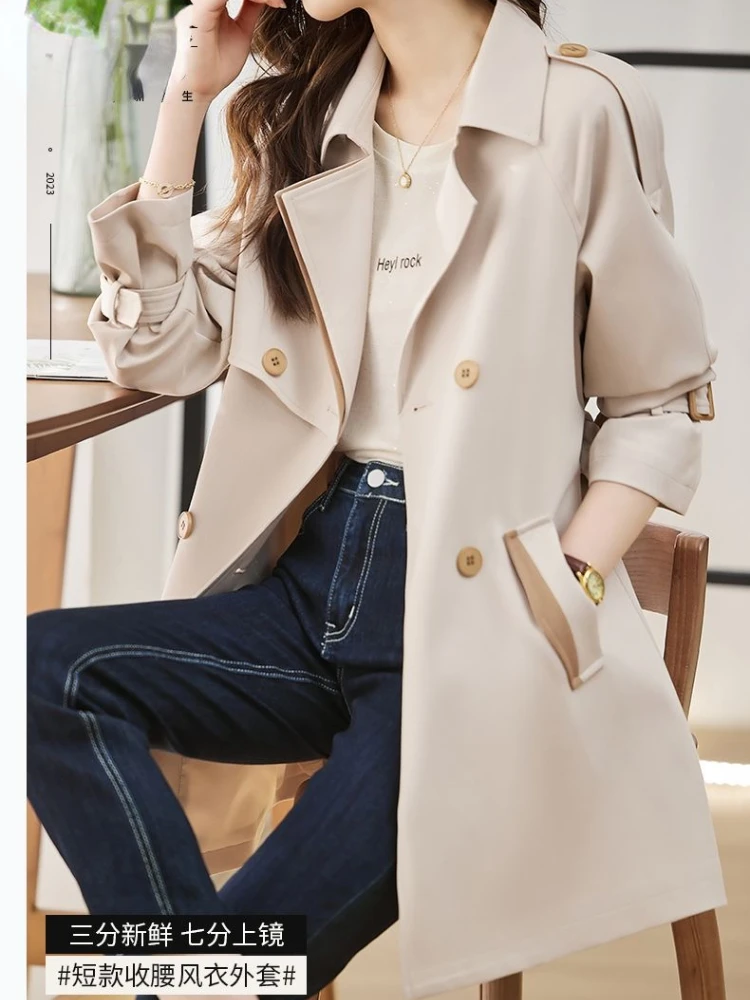 Solid Mid length Trench for Women Fall Winter 2023 New Vintage Turn Down Collar Long Sleeve Jacket Loose Double Breasted Coat - Image 5