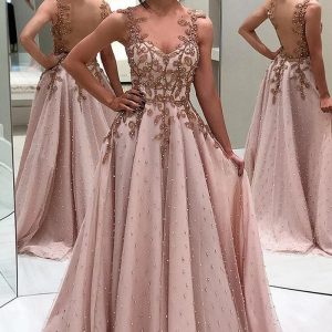 A-Line Pink Prom Dress with Appliques & Pearls | Illusion Backless Floor-Length Chiffon Evening Gown