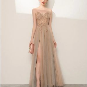 Champagne A-Line Evening Dress | Spaghetti Strap Beaded Sequin Illusion Top Split Floor-Length Prom Gown