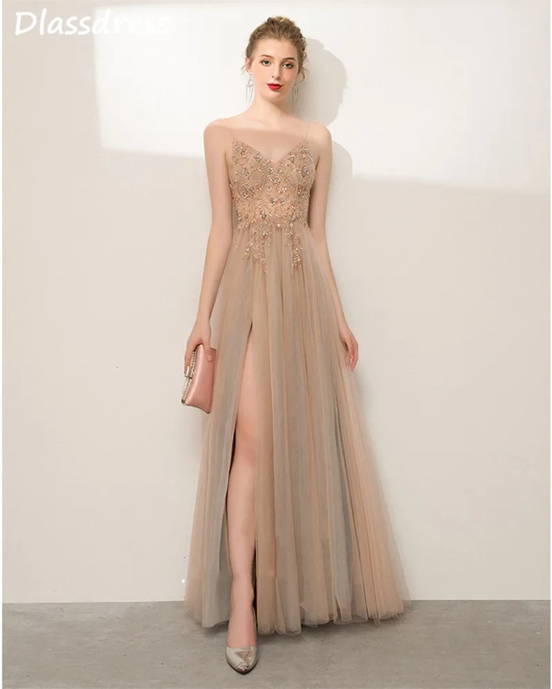 Champagne A-Line Evening Dress | Spaghetti Strap Beaded Sequin Illusion Top Split Floor-Length Prom Gown