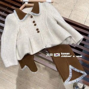 Kids Cotton Outfit Set Turn Down Collar Top Elastic Waist Pants