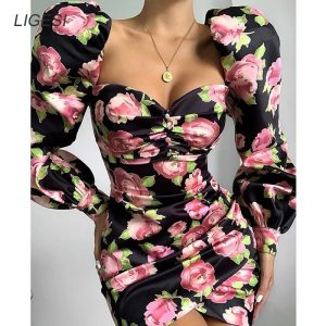 Floral Vintage Off Shoulder Bodycon Dress Puff Sleeve Party Mini