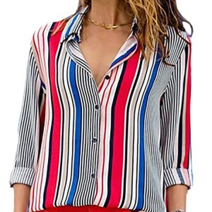 Office Lady Long Sleeve Striped Lapel Chiffon Blouse – Elegant Loose Chic Women Tunic