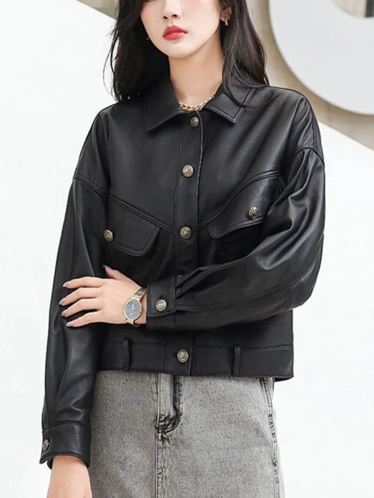 Vintage Casual PU Leather Jackets Women Turn-down Collar Cropped Loose Winter Sheepskin Coats Women 2023 Spring Thicken Outwear - Image 4