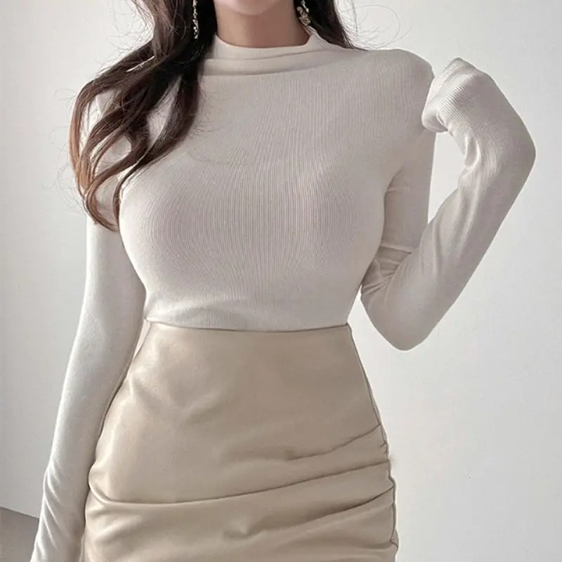 Autumn Women Half Turtleneck Slim Fit Long Sleeve Basic Bottoming Tee - Image 2