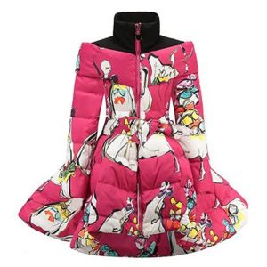 Kids’ Printed Long Down Coat – Winter Stand Collar Jacket with Waist Bow (Children’s Outerwear)