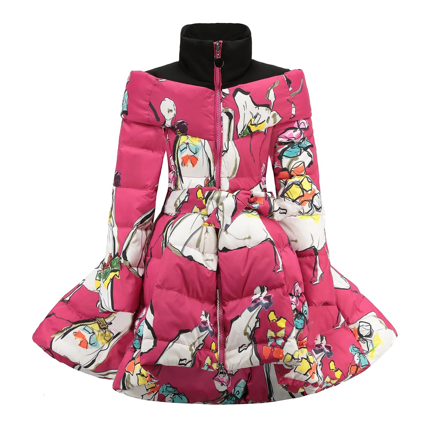 Kids’ Printed Long Down Coat – Winter Stand Collar Jacket with Waist Bow (Children’s Outerwear) - Image 2