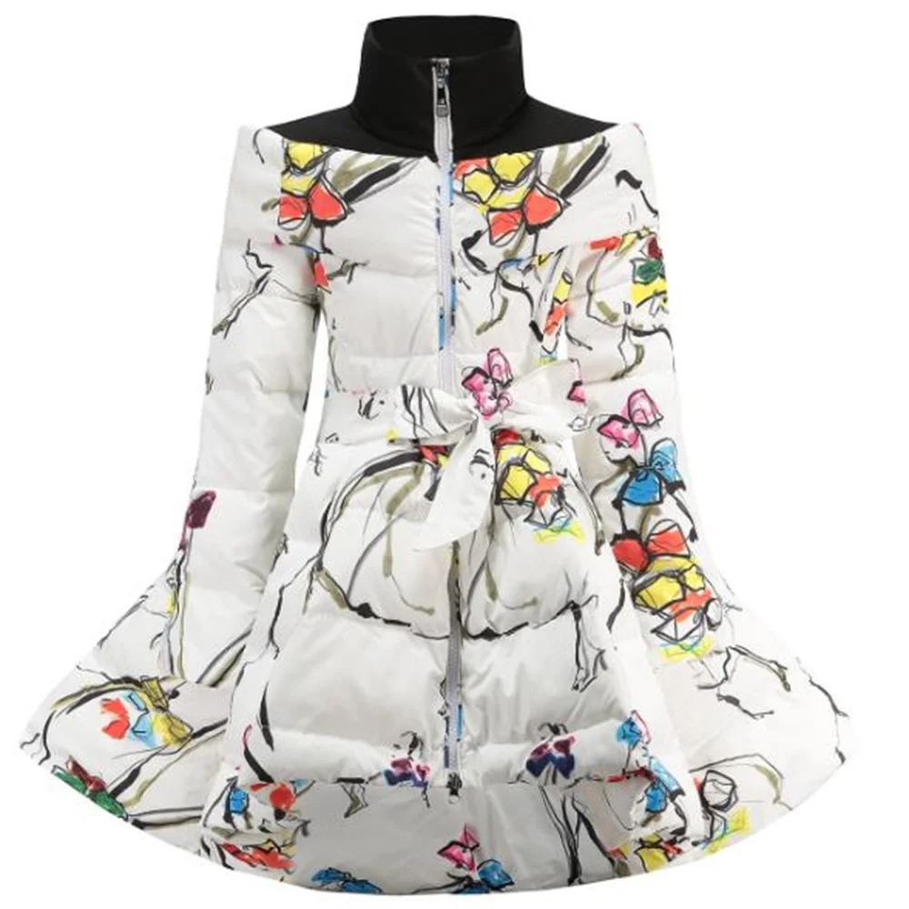 Kids’ Printed Long Down Coat – Winter Stand Collar Jacket with Waist Bow (Children’s Outerwear) - Image 3