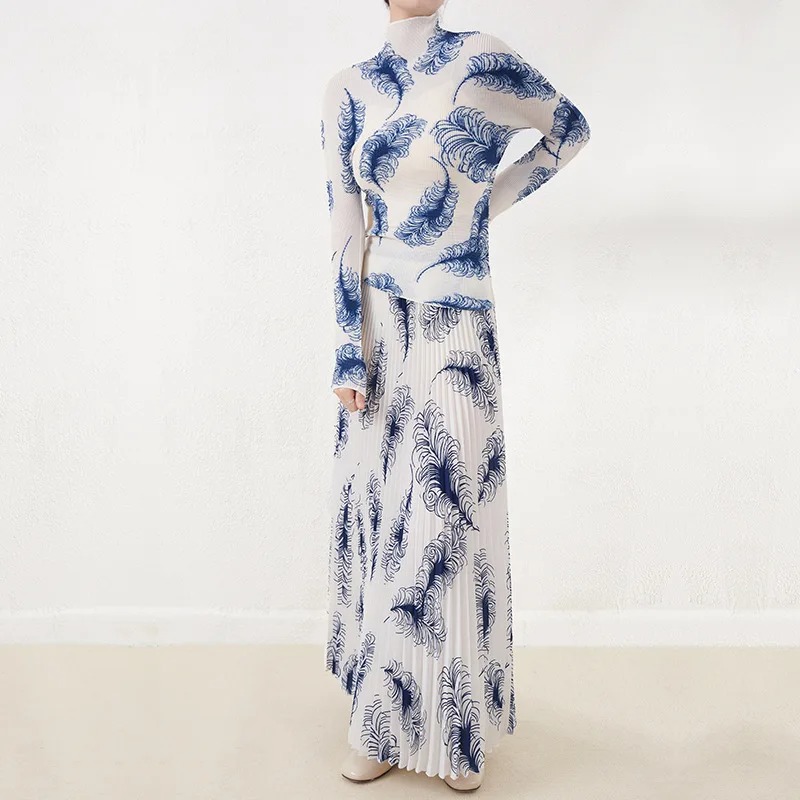 Miyake Pleated Lace Skirt Set 2023 Printed T-Shirt High Waist Two Piece Suit - Image 6