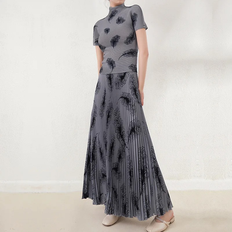 Miyake Pleated Lace Skirt Set 2023 Printed T-Shirt High Waist Two Piece Suit - Image 2