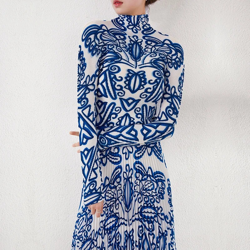 Miyake Pleated Lace Skirt Set 2023 Printed T-Shirt High Waist Two Piece Suit - Image 3