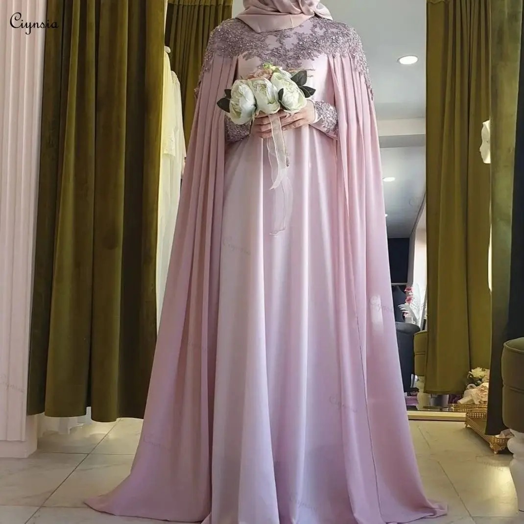 Ciynsia Pink Hijab Evening Gown | Long Sleeve Chiffon A-Line Islamic Dubai Arabic Formal Prom Dress - Image 5