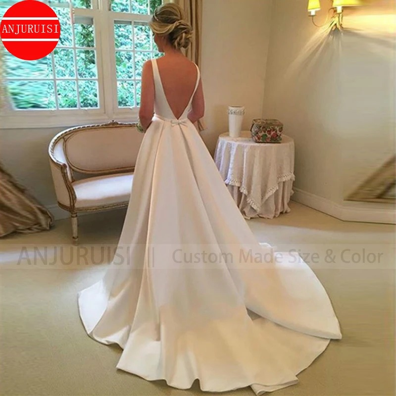 White Satin A-Line Wedding Dress – Scoop Neck Backless Bridal Gown with Sweep Train - Image 5