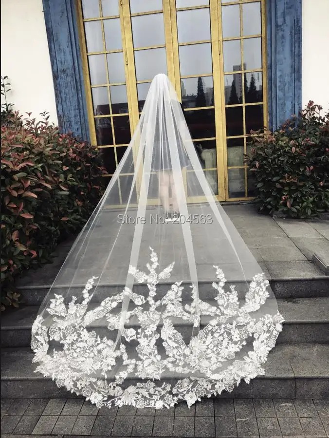 Long Lace Bridal Veil with Comb White Ivory Wedding Veil - Image 6