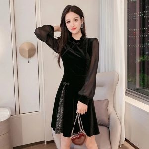 Black Elegant Qipao Cheongsam Oriental Dress Short Japanese Style Ao Dai FF2790