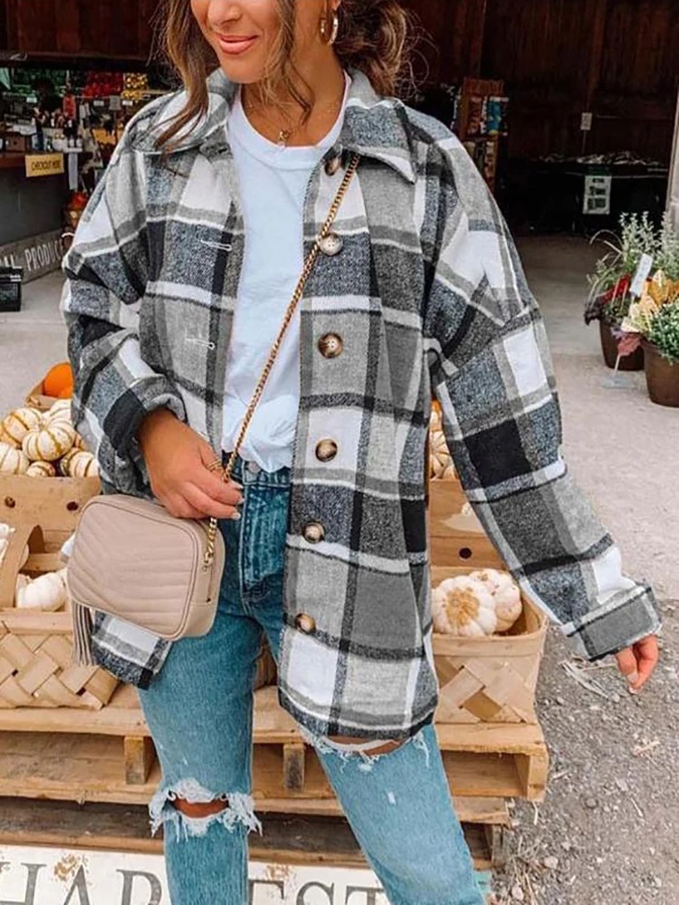 Women Oversized Plaid Shirt - Image 2