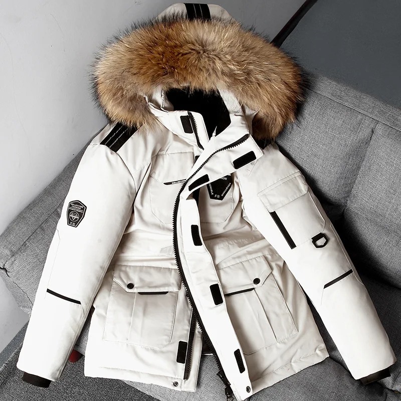 Men’s Winter Down Jacket – Hooded White Duck Down Parka with Detachable Fur Collar