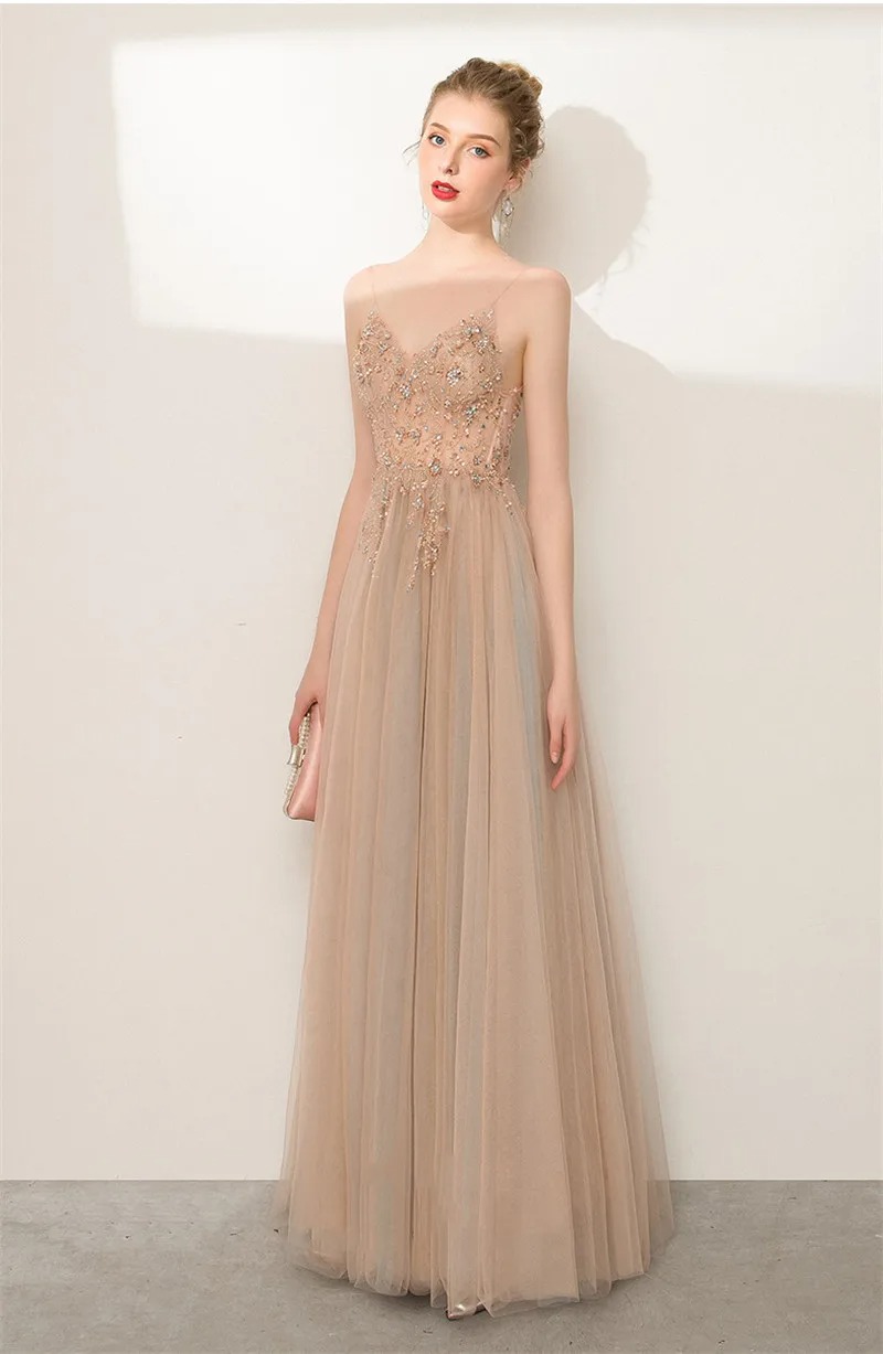 Champagne A-Line Evening Dress | Spaghetti Strap Beaded Sequin Illusion Top Split Floor-Length Prom Gown - Image 5