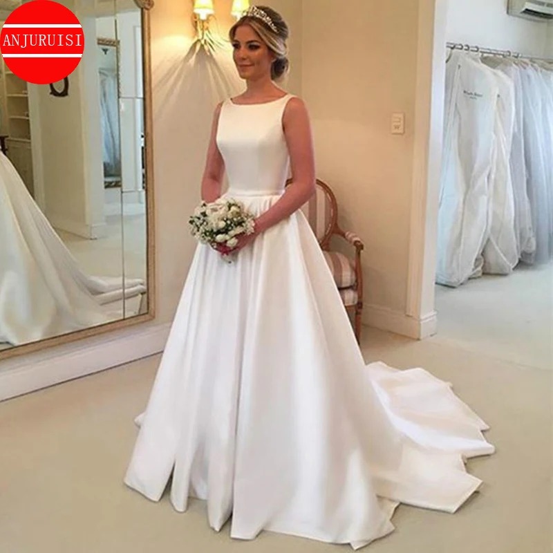White Satin A-Line Wedding Dress – Scoop Neck Backless Bridal Gown with Sweep Train - Image 6
