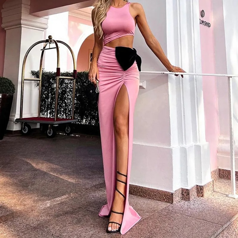 OMSJ Hot Pink Two Piece Set Women Sleeveless Crop Top High Waist Split Maxi Skirt