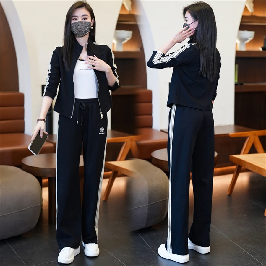Korean Style Women Jogging Tracksuit Two Piece Wide Leg Set - Image 6