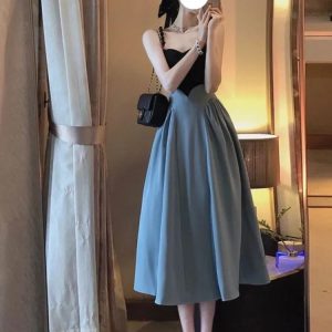 2023 Summer Women’s A-Line Dress | Beaded Strap Slim Contrast Color Mid-Calf Elegant OL Dress