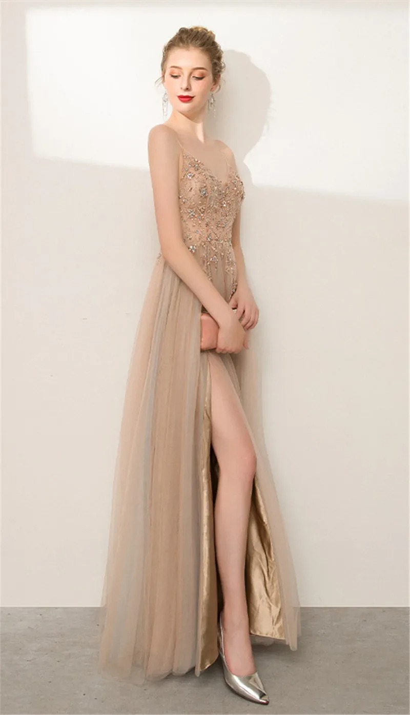 Champagne A-Line Evening Dress | Spaghetti Strap Beaded Sequin Illusion Top Split Floor-Length Prom Gown - Image 2
