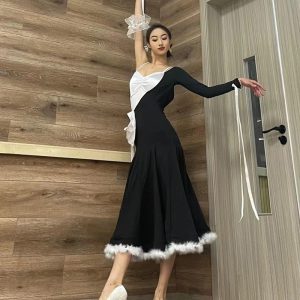 Women Ballroom Dance Competition Dress | Black White Single Sleeve Waltz Modern Dance Practice Outfit DN14724