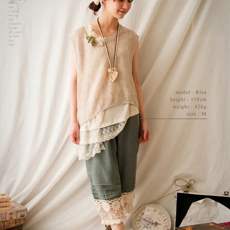 Harajuku Mori Girl Cotton Linen Pants Army Green Lace Floral Embroidered Trousers - Image 2