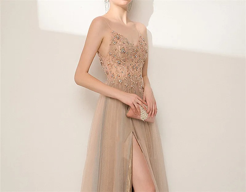 Champagne A-Line Evening Dress | Spaghetti Strap Beaded Sequin Illusion Top Split Floor-Length Prom Gown - Image 4