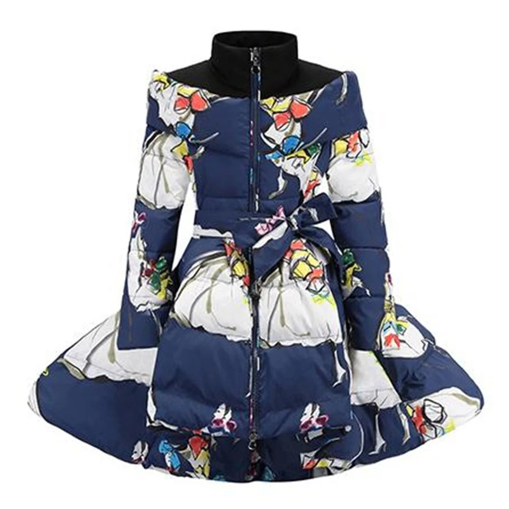 Kids’ Printed Long Down Coat – Winter Stand Collar Jacket with Waist Bow (Children’s Outerwear) - Image 6