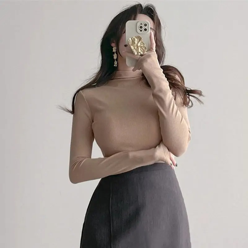 Autumn Women Half Turtleneck Slim Fit Long Sleeve Basic Bottoming Tee - Image 5