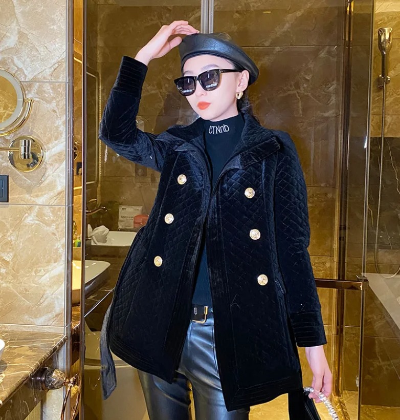 Women’s Velvet Cotton Quilted Coat – Mid-Length Plaid Black Diamond Winter Jacket - Image 3
