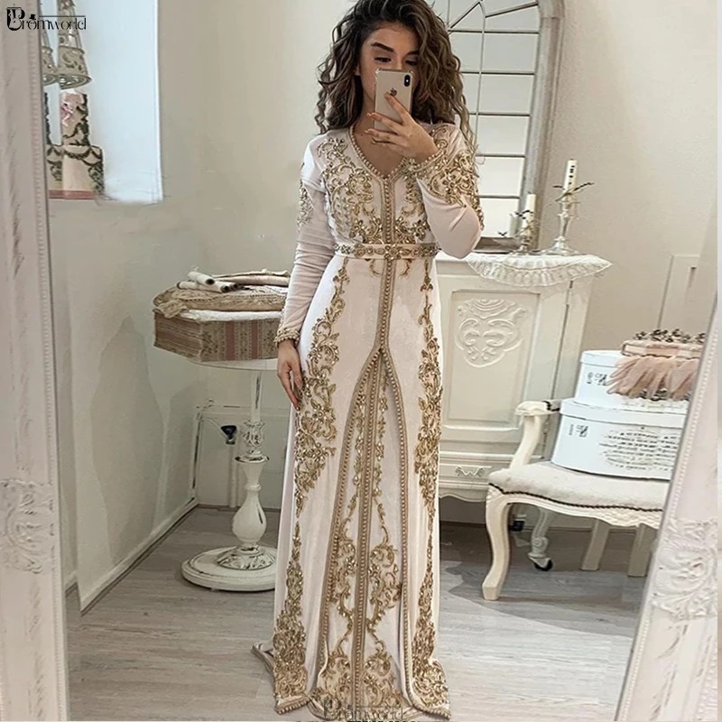 Ivory Velvet Moroccan Caftan Long Sleeve Dubai Evening Gown - Image 5