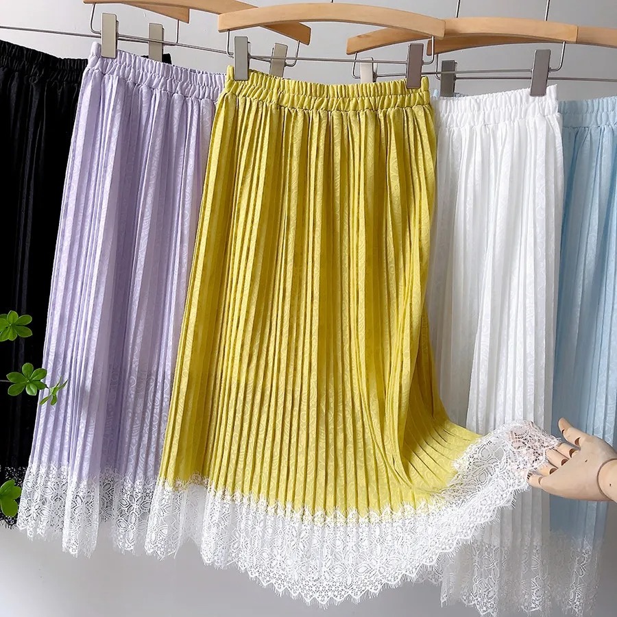 2022 Spring Women Skirts Lace Patchwork Pleated Skirts Sweet Solid Skirt Femme Elastic High Waist Elegant Skirt Women Streetwear - Image 5
