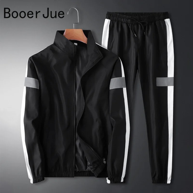Men Reflective Patchwork Tracksuit Two Piece Hip Hop Sweatshirt Pants Set - Image 2