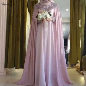 Pink Chiffon Muslim Evening Gown Long Sleeve A Line Dress