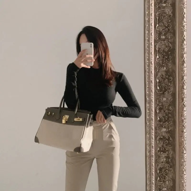 Autumn Women Half Turtleneck Slim Fit Long Sleeve Basic Bottoming Tee - Image 3